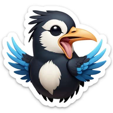 Cinematic Cute Yawning Magpie Portrait Emoji, Head tilted slightly with a dramatic, wide-open yawn, showcasing a sleek, contrasting feathered form with softly drooping wings and sleepy, half-closed eyes, Simplified yet irresistibly adorable features, highly detailed, glowing with a soft, cozy urban glow, high shine, relaxed yet expressive, stylized with a dash of whimsical charm, soft glowing outline, capturing the essence of a drowsy yet affectionate magpie that appears ready to stretch out for a nap! sticker