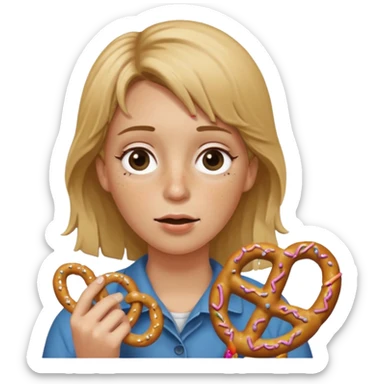 Short, center part, Dirty blond hair, fair skin with freckles,  holding pretzels and closing one eye sticker