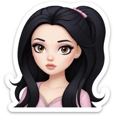  long black hair, pale skin, dark brown eyes, pretty bratz baddie, black eyeliner, blush sticker