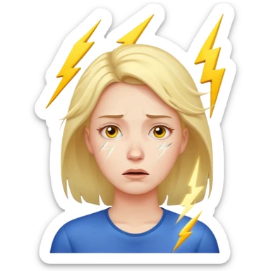 stressed woman with lightning symbol near head, tired face, calm emoji colors, shows stress and cortisol effect on skin sticker