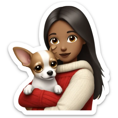 A girl with white skin color with black eyes and brown hair in red sweater hugs white Chihuahua sticker