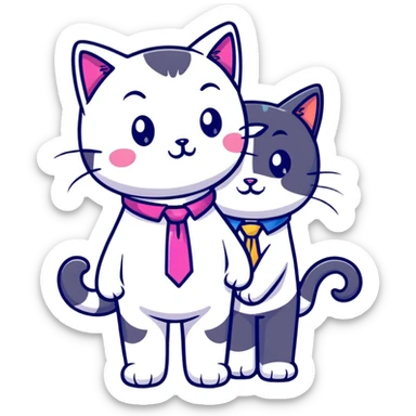 happy girl cat with eyelashes wearing a colorful necktie and happy boy cat wearing a professional necktie standing together and holding paws, both with loving expressions sticker
