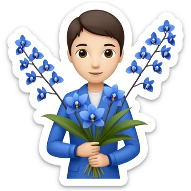 A stick figure holding a bouquet of blue orchids sticker