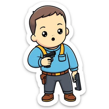 Kid with down syndrome holding a gun sticker