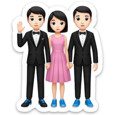 generate a pretty bratz fair skinned boy with short black hair wearing a black tux with blue sneakers .with a girl in a pink dress sticker