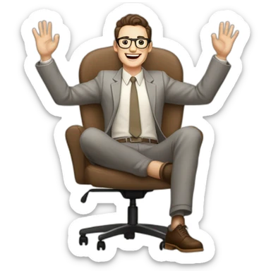 Joyful Celebrating victory Hands up Pale skinned Fit Man With dark brown hair in gray jacket, beige office shirt, Brown pants and vintage glasses sitting In a soft chair sticker