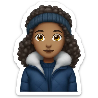 winter, christmas, hispanic, afro hair,  girl, brown eyes, child, full body, dark blue winter sweater, coat, headband sticker