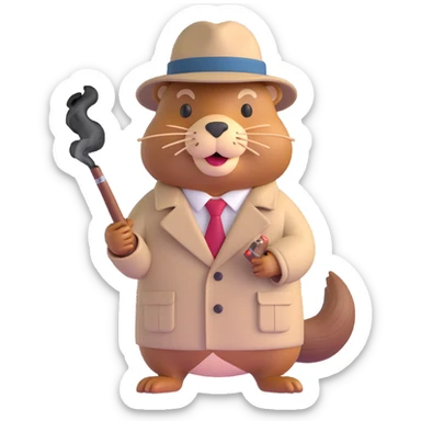 beaver gangster smoking a cigar, wearing a trench coat, tie, and hat, 3D emoji style sticker