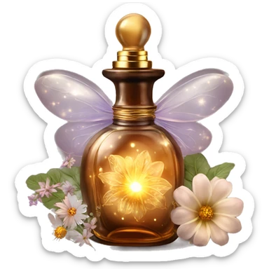 Brown magic fairy light sparkling old Antique oil perfume bottle with herbal and flowers sticker