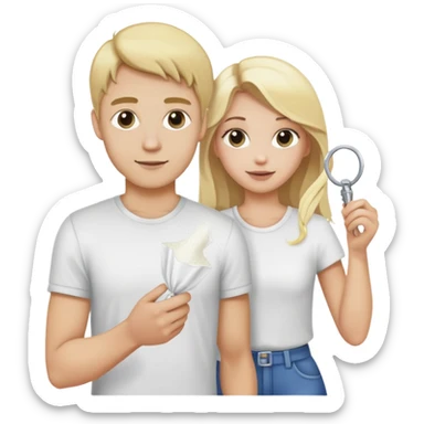 Blonde guy holding a plastic bag of white powder and blonde girl holding a key sticker