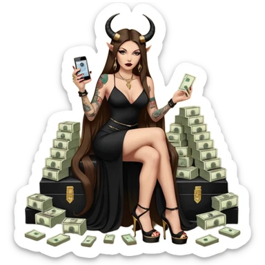 Sensual seductress long brown straight haired sexy drug lord woman with tattoos on arm sleeves and black gold platform high heels on her feet,  and devil black horns on her head, holding a stack of cash, has a phone in other hand. Sitting on gold cases full of drugs, long black dress with sexy slit sticker