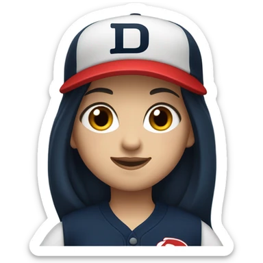 White girl with black long hair who wearing navy ballcap emblazoned with a red D initial and wearing baseball uniform sticker