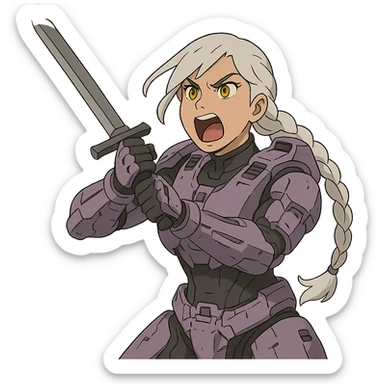 female, wearing reach spartan armor default, long white braid hair, gold yellow eyes, attention pose, HALO:series, no helmet, the armor is lavender color scheme, shoulder pad off. DDD bust size fitting. Punk gothic cyberpunk, brandishing a sword, preparing to swing and yelling sticker