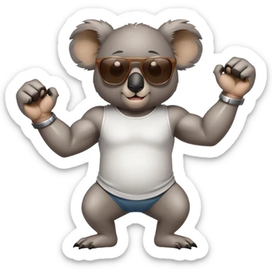 anthropomorphised koala, full body, casual clothing, dark sunglasses, flexing muscles sticker