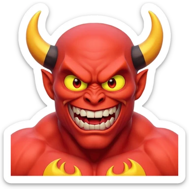 Muscular red devil emoji, black horns, glowing yellow eyes, sharp teeth, evil smile, defined abs, glossy red skin, dramatic lighting, 3D Pixar style, high detail sticker