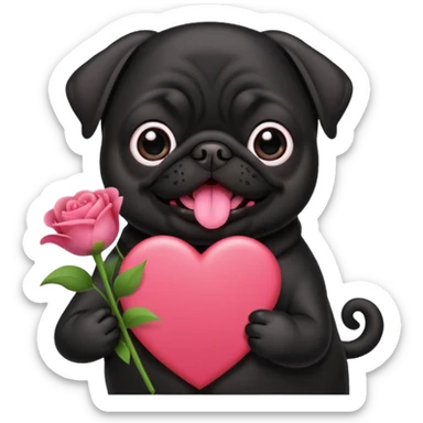 black pug holding valentine’s day card and flowers sticker