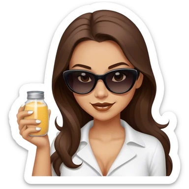 sassy woman with long brown hair and dark sunglasses holding a salt shaker and sprinkling the salt. She is smirking.  sticker