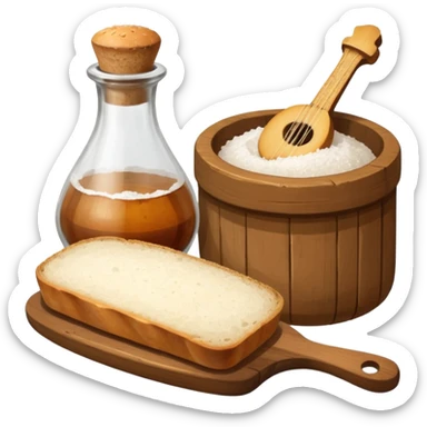 a bottle of salt (salt shaker) and a loaf of peasant bread with a small mandolin - still life composition sticker