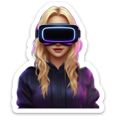 Russian blondy girl celebrating her birthday wearing a black hoodie and VR headset in a cyberpunk VR environment with violet neon lighting sticker