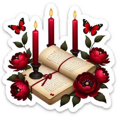 A mystical still life with blood-red candles casting flickering shadows over scattered love letters, their ink smudged with passion. Crimson butterflies rest on blackened crosses, while lush red peonies and pansies bloom in the dim candlelight. sticker