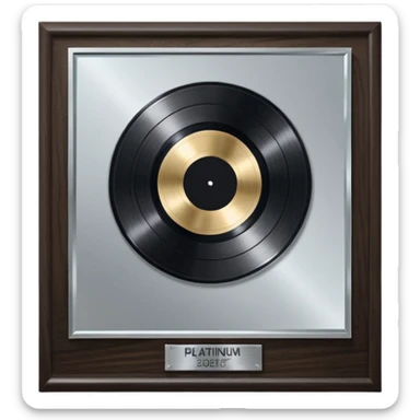 A platinum music award plaque: a square, polished platinum plate with a subtly textured, mirror-like finish, mounted on a simple dark wood base. The center features a relief of a or stylized vinyl record in a slightly darker metallic tone.  sticker