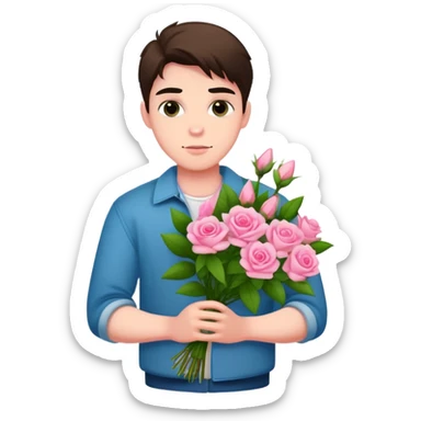 A cool bad boy with fair skin holding a bouquet of pink jasmine roses sticker