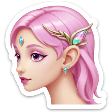 portrait of pink Elvish fae shiny sparkly iridescent translucent diaphanous ear climber ear cuff sticker