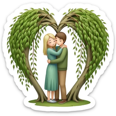 heart-shaped weeping willow tree with two people inside giving each other a comforting, caring, supportive hug, not romantic, with a small heart above them sticker