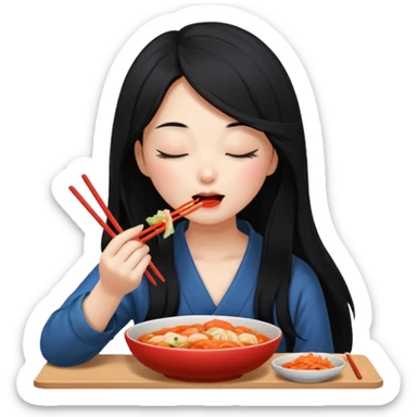 Girl with black long hair eat kimchi close eyes chopstick sticker