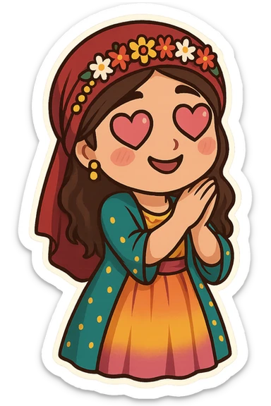 Cartoon sticker of a Kurdish woman in traditional colorful and cheerful Kurdish female clothing, with a romantic facial expression and heart-shaped eyes similar to the 😍 emoji, no text, suitable for WhatsApp and Instagram, transparent background. sticker