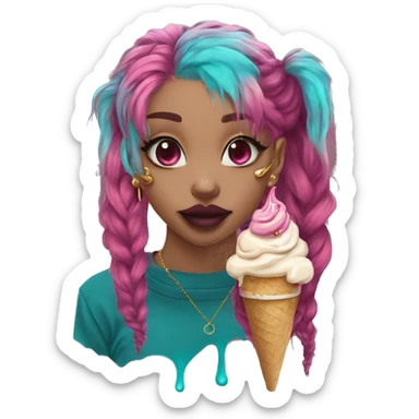 Vintage grunge patina intricate swirls golden sparkle Deep pink maroon burgundy cyan dark hoodie person dyed hair and gold piercings nose piercing ear piercings ice cream  sticker