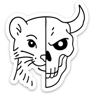 a red minimalist icon with sophisticated line art showing left half of stoat face with detailed fur merged with right half of minotaur skull with broken horn and glowing eye, no letter included, just the two halves meeting in the middle with precise detailed lines sticker