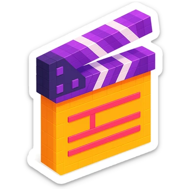 isometric view of a movie clapperboard in voxel style sticker