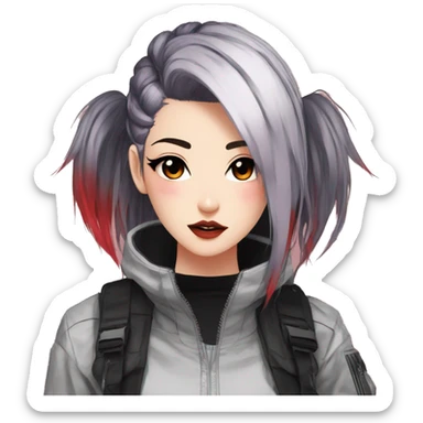 Gorgeous techwear anime style lady with blushing face aesthetic and pretty edgy black red punk hair with hair garment trending style sticker