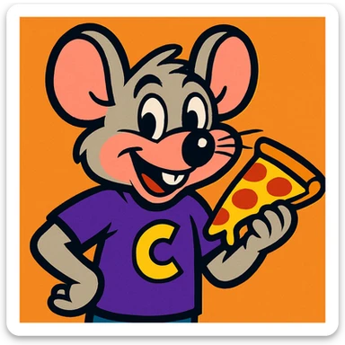 Chucky Cheese style mouse mascot, holding a slice of pizza, purple shirt, playful expression, cartoon style sticker