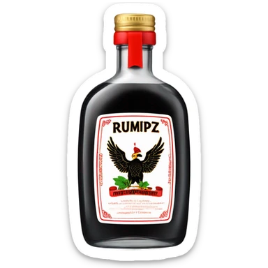 clear bottle of rumpleminze clear peppermint schnapps alcohol with a black label with red border and font that has a small gold eagle on the label that says “RUMPZ” sticker
