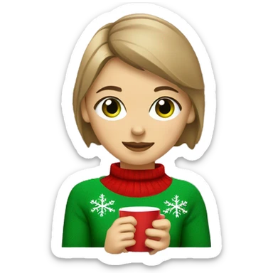 Light brown short haired girl with green eyes drinking coffee wearing red Christmas sweater sticker