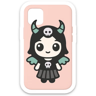 Remove any purse or purse-matching elements. Focus only on a white and black gothic kawaii phone case with big eyes, smiling, playful, cartoonish style, and gothic symbols. No purse references. No background. sticker
