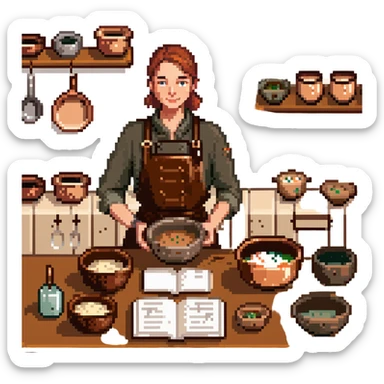A confident journeyman baker working with copper mixing bowls, enamel measuring cups, and a leather-bound recipe book. The environment features warm lighting, brass utensils, and stitched cloth textures. UI elements resemble embossed leather tabs and metallic buttons. sticker