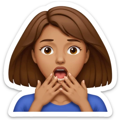 the woman emoji with brown hair and tan skin choking herself out with both hands on her neck with her mouth open sticker