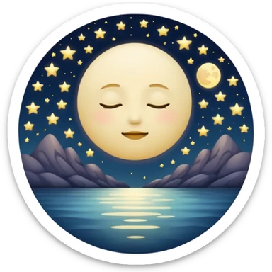 "Design a calming circle emoji for evening reflection. Soft moonlight, gentle stars, peaceful or spiritual symbols. No people - emphasize tranquil colors, night sky elements, and serene spiritual imagery." sticker