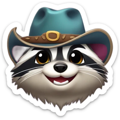 Raccoon in cowboy hat smiling with tears in eyes holding eggplant sticker