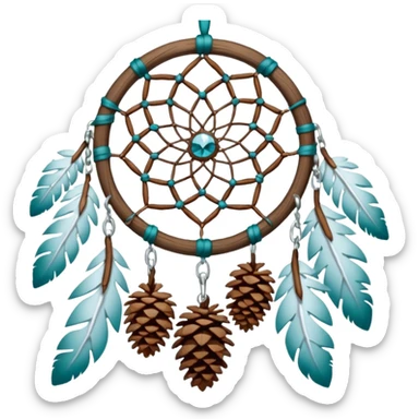 Winter-themed snow-covered spruce pine wooden pinecones and nuts dreamcatcher with white feathers, silvery chains and teal leaves sticker