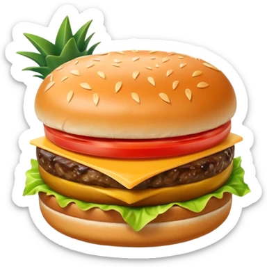 Hamburguesa con una carne, queso derretido, una rebanada de tomate, lechuga, una rebanada de piña. Colocar encima del pan una aceituna con un palillo sticker