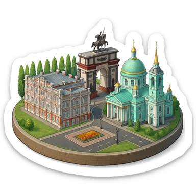 Изометричная, яркая, детализированная и фотореалистичная иллюстрация панорамы города Курска на круглой подставке, Знаменский собор, здание Дворянского собрания, Триумфальная арка в стиле 3D-коллажей городов, чёткие линии, слегка мультяшная стилистика, прозрачный фон, не обрезать края картинки sticker