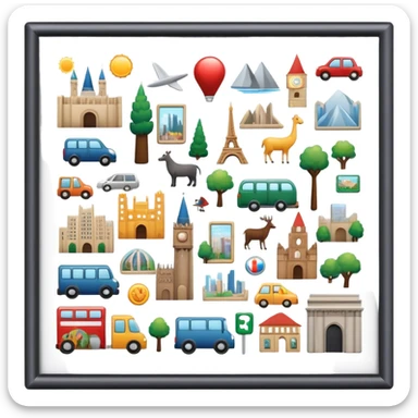 Icon for Magnet Collecting: a magnetic board on a wall displaying a collection of various magnets from different places, featuring cities, animals, and symbols. The icon should evoke the joy and uniqueness of a diverse magnet collection. Transparent background. sticker