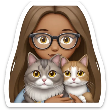 I need a girl with light brown long hair, black eyes, and brown glasses frames, holding a gray-white silver-tipped long-haired cat with yellow eyes. sticker