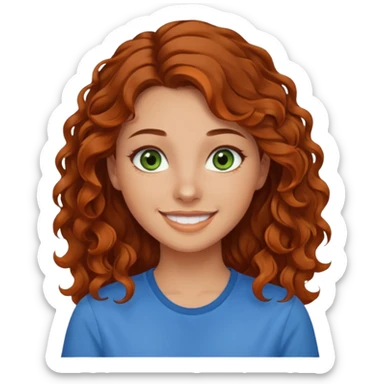 girl with brown hair, green eyes with a blue shirt no background ,young with curly hair smileing long hair not so curly and orange sticker