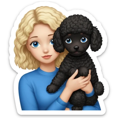 blonde girl with blue eyes holding black puppy poodle sticker