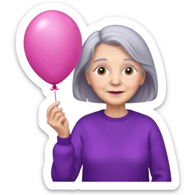old lady, long grey hair, purple sweater, hold pink balloon sticker